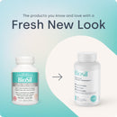 BioSil new packaging: old BioSil bottle next to the new Advanced Collagen Generator vegetarian capsules bottle