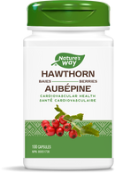 Bottle of Nature's Way Hawthorn Berries (100 Capsules) dietary supplement, featuring a green-labeled container with an image of hawthorn berries, promoting heart health support.