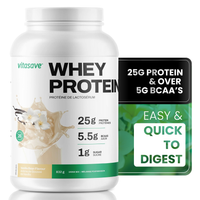 "Vitasave Grass Fed Whey Protein - Vanilla Bean 832g container with clean, natural ingredients."