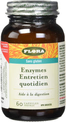Bottle against white background – Brown supplement bottle centered on a white backdrop, showing the brand logo “Flora” in green on a yellow band, and below detailing the enzyme blend and capsule count.