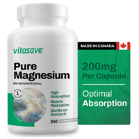 "Vitasave Magnesium Bisglycinate 200mg (240 Capsules) - Supports muscle function, energy production, and relaxation."