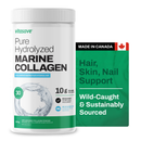 A container of Vitasave Pure Hydrolyzed Marine Collagen with a label indicating that it is wild-caught and non-GMO, with 30 servings and a serving size of 10g. The product is meant to support hair, skin, nail, and joint health.