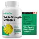 Vitasave Omega-3 Triple Strength supplement bottle featuring 120 softgels, providing high-potency omega-3 fish oil for heart health, brain function, and joint support.