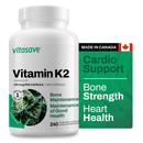 A bottle of Vitasave Vitamin K2 with 60 VCaps, alongside a label highlighting the product's benefits for bone and heart health, and indicating it is vegan friendly.