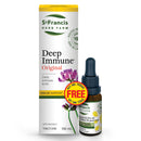 Product packaging for St. Francis Herb Farm Deep Immune 100 mL, a herbal immune support supplement, alongside a dropper bottle with the same product.