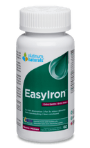 Bottle of Platinum EasyIron Extra Gentle 60 VCaps – gentle iron supplement designed for sensitive stomachs, supports energy and red blood cell production.