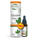 The image shows a shrink pack containing St. Francis Herb Farm EchinaSeal Infection Fighter in a 100 mL bottle along with a free unit of Oregano in a 30 mL bottle.