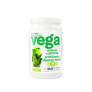 A container of Vega Protein & Greens powder in Natural Flavored variant, highlighting the product's features like being gluten-free and having complete plant-based protein.