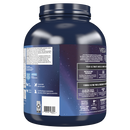 Blue protein powder container with visible branding on a white background