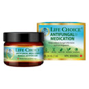 Product packaging for Life Choice Antifungal Medication, showing the container and the box with the product name and brief description.