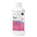 A bottle of Smart Solutions GLA Borage Oil with a label showing benefits for skin health.