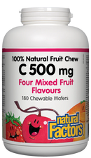 White supplement bottle labeled '100% Natural Fruit Chew C 500 mg' with colorful graphics on a white background