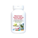 A bottle of New Roots Black Cumin Seed Oil 1000 mg Extra Strength with 60 softgels, predominantly white label with green and red text, and an image of a plant.