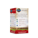 Close-up of the supplement facts label on the side of the Garden of Life Organics Plant Collagen Builder bottle, detailing ingredients like silica from organic bamboo and biotin from organic sesbania.