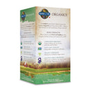 Close-up of the supplement facts panel on the side of the Garden of Life Organics Plant Calcium bottle, detailing the 800mg of plant-sourced calcium per serving, along with 1,000 IU of vegan D3, 80 mcg of Vitamin K2 (MK-7), and 60 mg of magnesium.