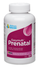 A bottle of Platinum Naturals EasyMulti Prenatal multivitamin softgels with 120 capsules.