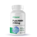 Close-up of capsule count label – zoomed image showing the “60 VCaps” text and volume details on the Vitasave Pure NMN label, highlighting supplement facts and capsule count.