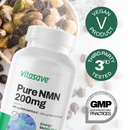 Top-down view of open bottle – overhead shot of the lid removed from the Vitasave Pure NMN bottle, showing the 60 neatly arranged capsules filling the interior.