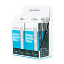 A portable alkaline water filter stick that fits into standard water bottles, elevating water pH and improving taste without the need for suction or squeezing.