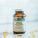 Close-up of Flora DHA Vegetarian Algae capsules next to the product packaging, highlighting the vegetarian algae source.