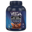 Vega protein powder container with blue label on a white background