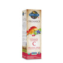 A 58 ml amber glass bottle labeled ‘Garden of Life Organics Vitamin C Spray Cherry Tangerine,’ with a black pump top and bright red-orange cherry‑tangerine fruit graphics.
