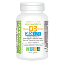 A bottle of Prairie Naturals Vitamin D3 Vegan supplements with 90 V-Caps. The label indicates 2500 IU per capsule.