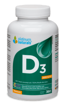A bottle of Platinum Naturals Vitamin D3 supplement containing 360 softgels, labeled 1000 IU, with a clean white and green design.