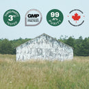 White barn in a field with certification logos on a blue background