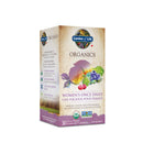 Round white bottle labeled ‘Garden of Life Organics Women’s Once Daily – Whole Food Multivitamin’, with 30 tablets, standing against a clean white background.