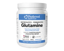 A container of Preferred Nutrition Micronized Fermented Glutamine, unflavored, with a label that includes the product name, brand, and additional information such as 'Doctor's Trust Choice' and 'Unflavored'.