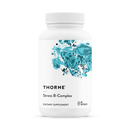 Front view of Thorne Research Stress B-Complex bottle, displaying the label highlighting its formulation with B vitamins, including B2, B6, B12, and folate, designed to support stress management and adrenal health.
