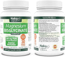 Two bottles of Naka Magnesium Bisglycinate Complex supplements with 30 vegetable capsules each, displaying labels that provide product information and branding.