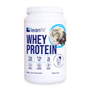 A container of Leanfit Whey Protein powder in Cookies & Cream flavor, displaying the product name, weight, and benefits such as '25g Protein', '5.3g Net Carbs', and '1g Sugar'.