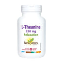 "New Roots L-Theanine 250 mg V-Caps packaging, emphasizing its benefits for mental clarity and relaxation."