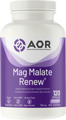 AOR Mag Malate Renew 793 mg bottle with 120 vegetarian capsules, featuring a white and purple label highlighting magnesium malate for energy support and muscle function.