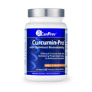 Bottle of CanPrev Curcumin-Pro (60 VCaps) dietary supplement, featuring a blue and white label with orange accents, designed to support inflammation reduction and joint health with curcumin and black pepper extract.