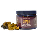 Image of a 150-gram package of Canadian Pine Pollen Co. Chaga Mushrooms, featuring natural, organic Chaga mushroom chunks in clear packaging with a rustic label highlighting the brand and product details.