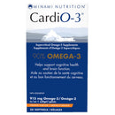 Packaging for Minami Nutrition CardiO-3 Omega-3 Fish Oil in orange flavor, showing the product name, benefits, and dosage information.