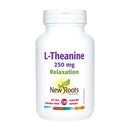 "Close-up of New Roots L-Theanine 250 mg vegetable capsules, highlighting their non-GMO composition."