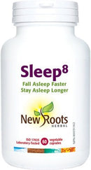 New Roots Sleep8 VCaps bottle showing natural sleep support supplement capsules on a white background.