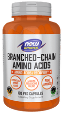 Front label of NOW Sports BCAA VCaps supplement, highlighting leucine, isoleucine, and valine content in a vegan-friendly formula.
