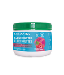 Close-up of Organika Electrolytes Wild Raspberry 210g powder, a natural way to boost hydration with a refreshing raspberry flavor.