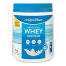 A container of Progressive brand grass-fed whey protein powder, unflavored, with nutritional information displayed on the label.