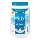 A container of Progressive brand grass-fed whey protein powder, unflavored, with nutritional information displayed on the label.