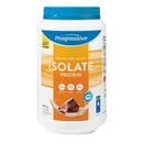 A container of Progressive brand Grass-Fed Whey Isolate Protein in Chocolate Velvet flavor. The container is white with a blue lid and has graphics of chocolate pieces and a splash of milk.