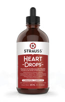 A bottle of Strauss Heartdrops Cinnamon dietary supplement with a dropper. The label includes the product name and the flavor, cinnamon, as indicated by the 'Cinnamon' text.