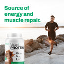 Vitasave Vegan Protein Vanilla 750 g tin – nutritional labels and vanilla imagery
