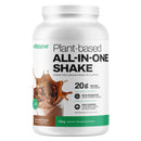 Scoop of Vitasave chocolate protein powder with greens and enzymes beside fresh ingredients