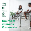 Chocolate All-In-One protein shake with plant-based ingredients featured in lifestyle image